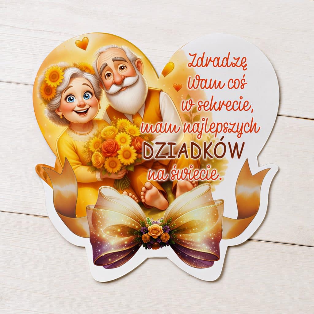 Magnes na Dzień Babci i Dziadka z babcią i dziadkiem, bukietem kwiatów i ozdobną kokardą