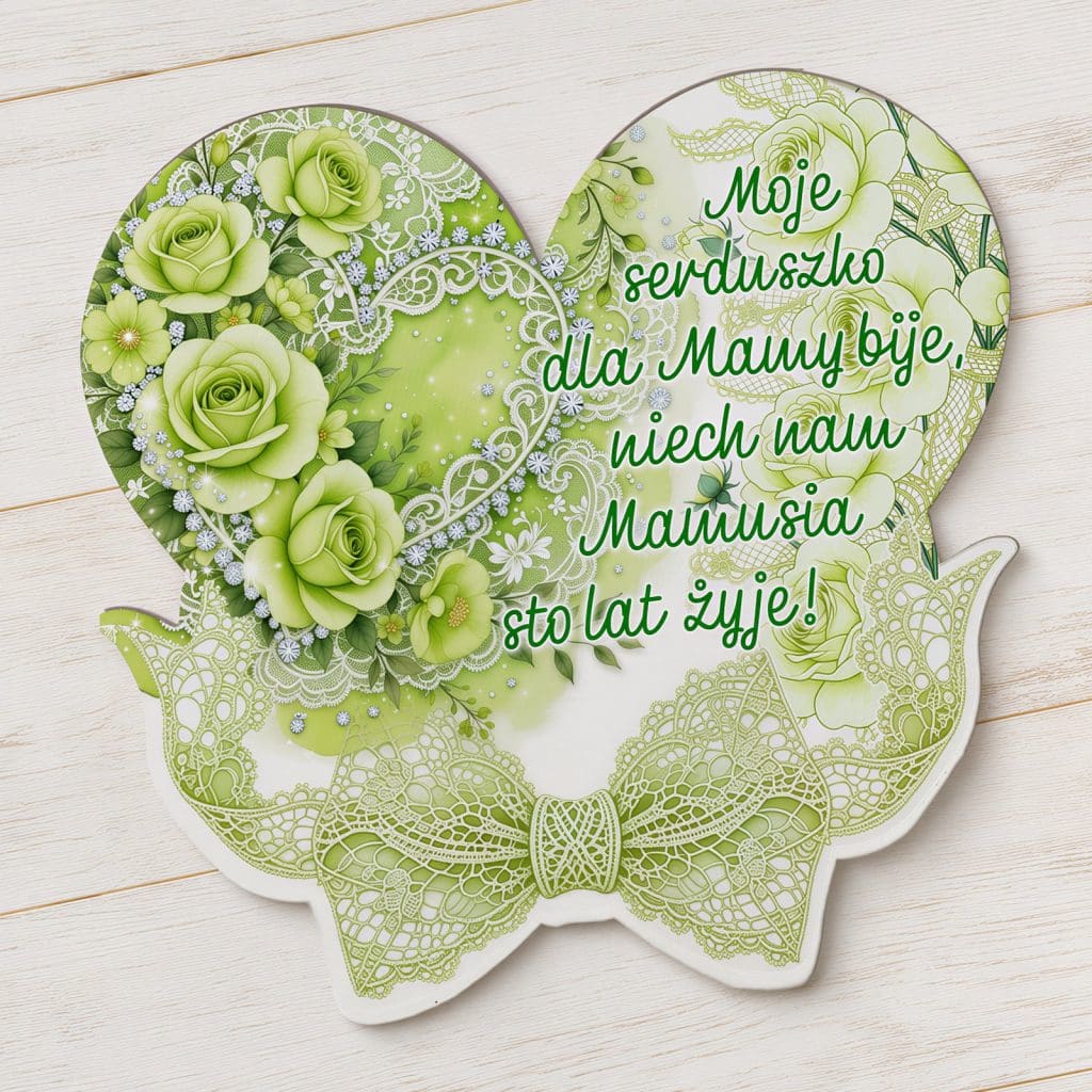 Magnes na Dzień Matki z zielonym sercem, kwiatami, koronkową kokardą i życzeniami dla mamy