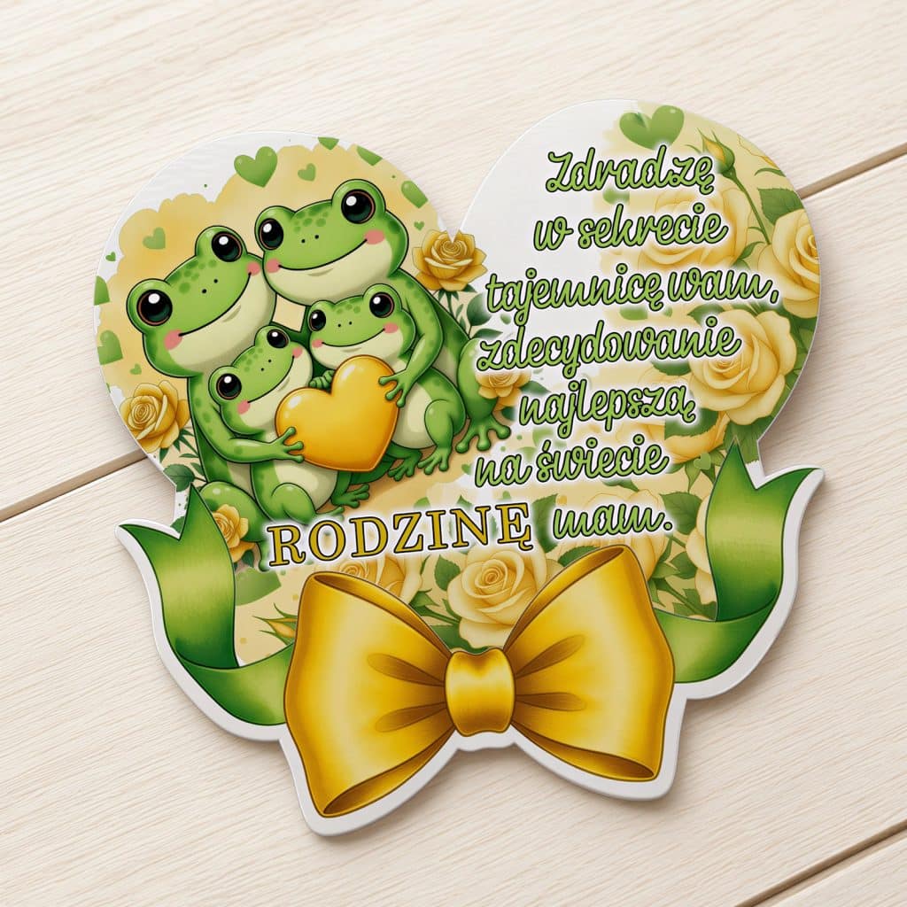 Magnes na Dzień Rodziny z rodziną żabek, żółtym sercem, żółtymi różami i ozdobną kokardą