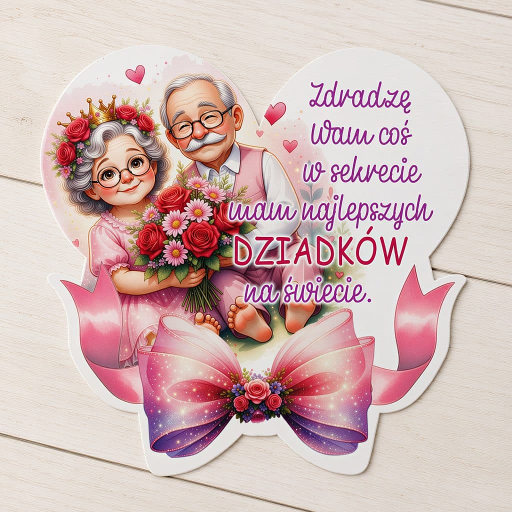 Magnes na Dzień Babci i Dziadka z babcią i dziadkiem, bukietem kwiatów oraz różową kokardą