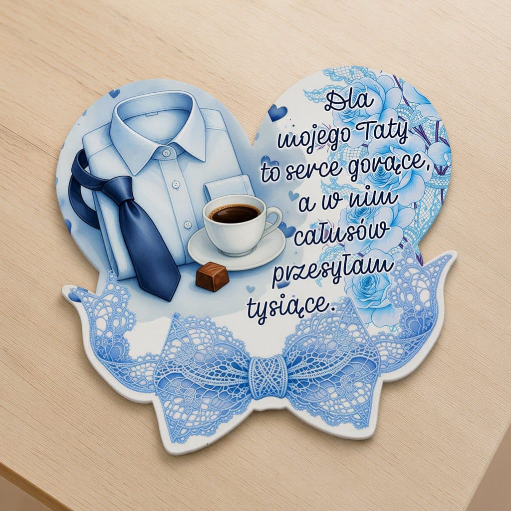 Magnes na Dzień Ojca z koszulą, krawatem, filiżanką kawy, niebieskimi kwiatami i kokardą