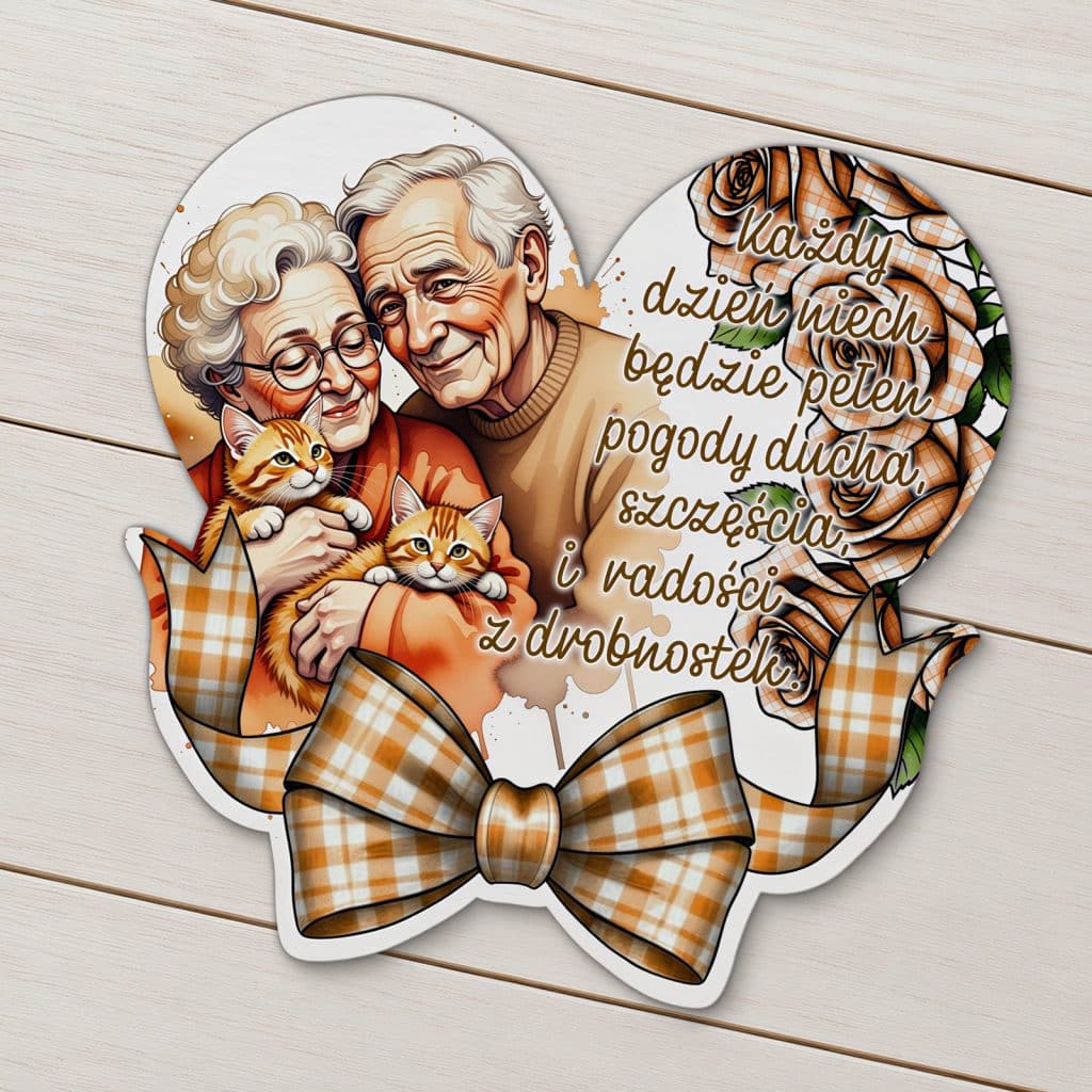 Magnes na Dzień Seniora z parą seniorów, kotami, brązowymi różami i kokardą w kratkę