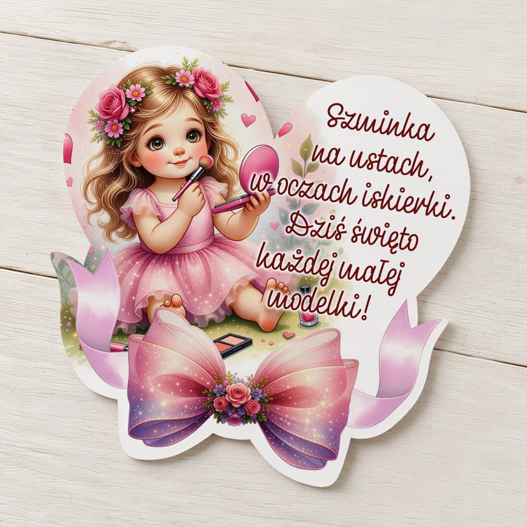 Magnes na Dzień Dziewczynki z dziewczynką, lusterkiem, kosmetykami i różową kokardą