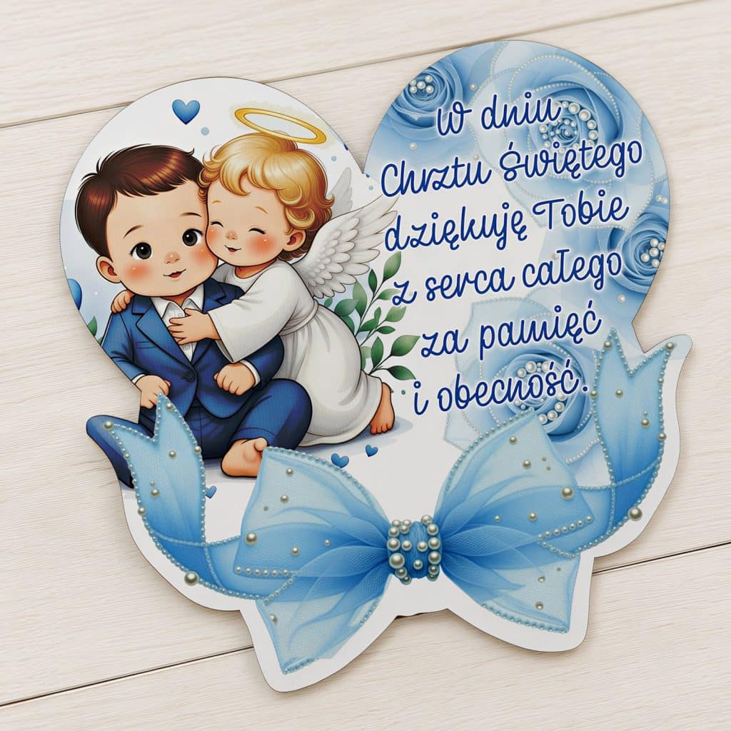 Podziękowanie dla gości na chrzest chłopca w formie magnesu z aniołkiem i niebieską kokardą
