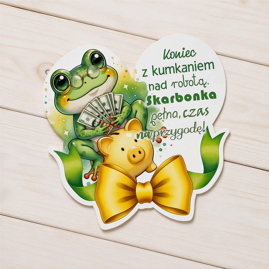 Magnes na przejście na emeryturę z żabką, banknotami, skarbonką i żółtą kokardą