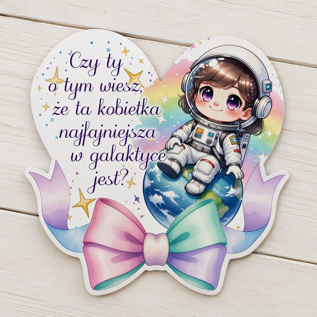 Magnes na Dzień Kobiet z dziewczynką astronautką, planetą Ziemią i pastelową kokardą