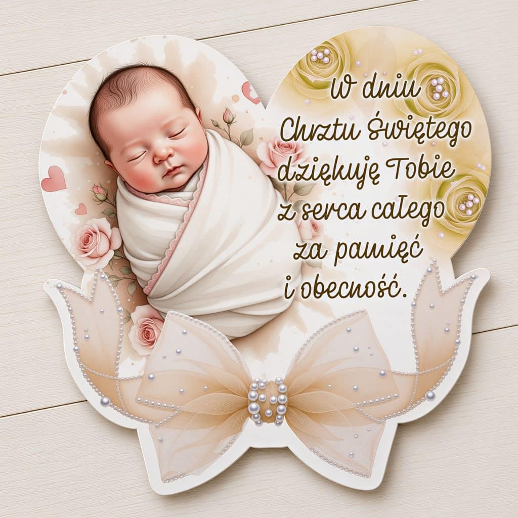 Podziękowanie dla gości na chrzest święty w formie magnesu ze śpiącym dzieckiem i beżową kokardą