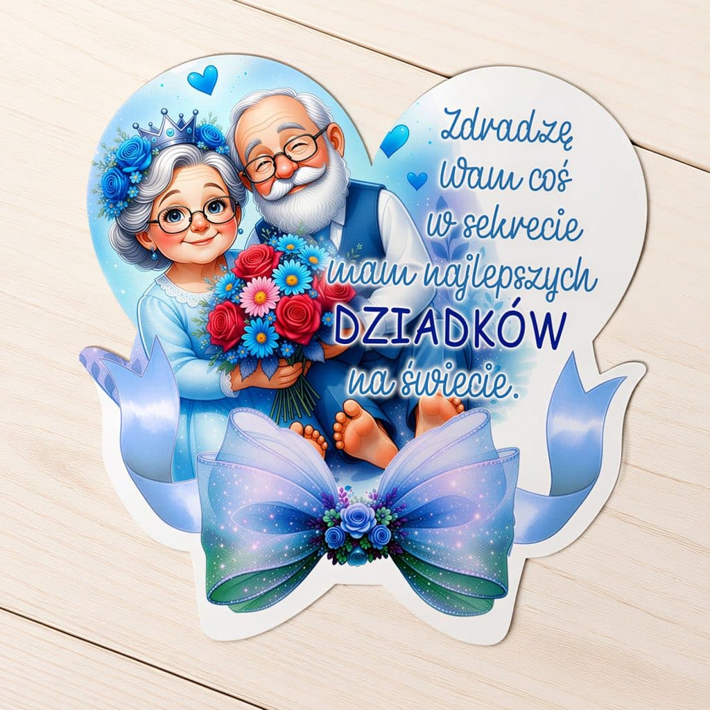 Magnes na Dzień Babci i Dziadka z babcią i dziadkiem, bukietem kwiatów i niebieską kokardą