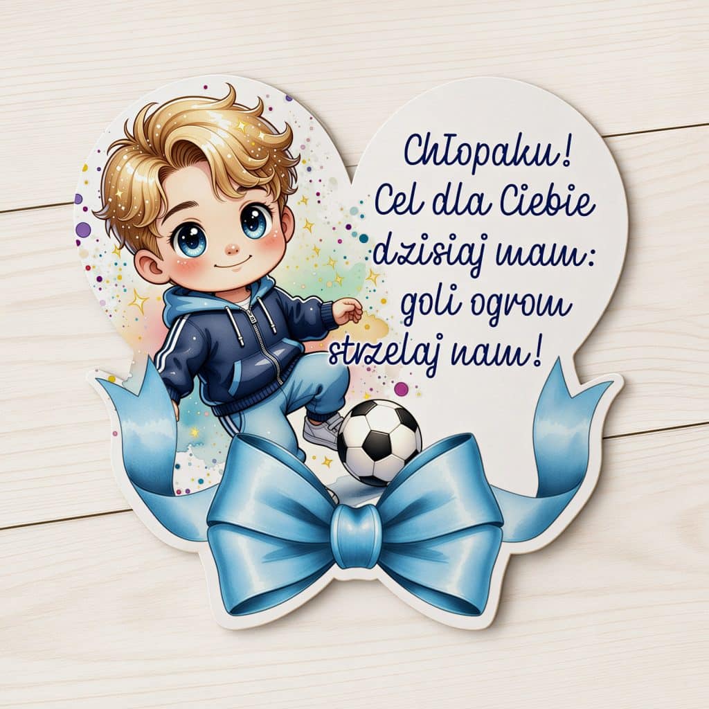 Magnes na Dzień Chłopaka z chłopcem, piłką nożną i niebieską kokardą