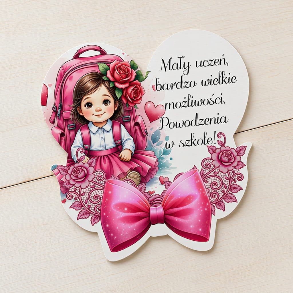 Magnes na pasowanie na ucznia z dziewczynką, różowym plecakiem, kwiatami i kokardą