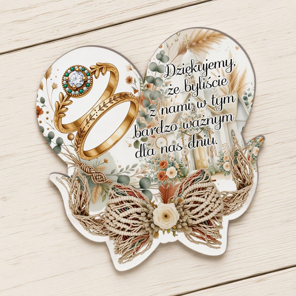 Podziękowanie dla gości weselnych w formie magnesu z obrączkami, kościołem, kwiatami i kokardą boho