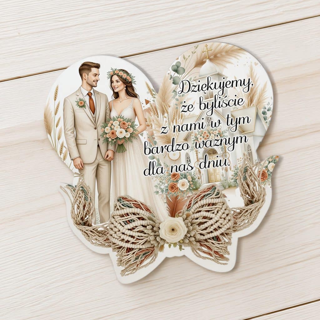Podziękowanie dla gości weselnych w formie magnesu z Parą Młodą, kościołem, kwiatami i kokardą boho