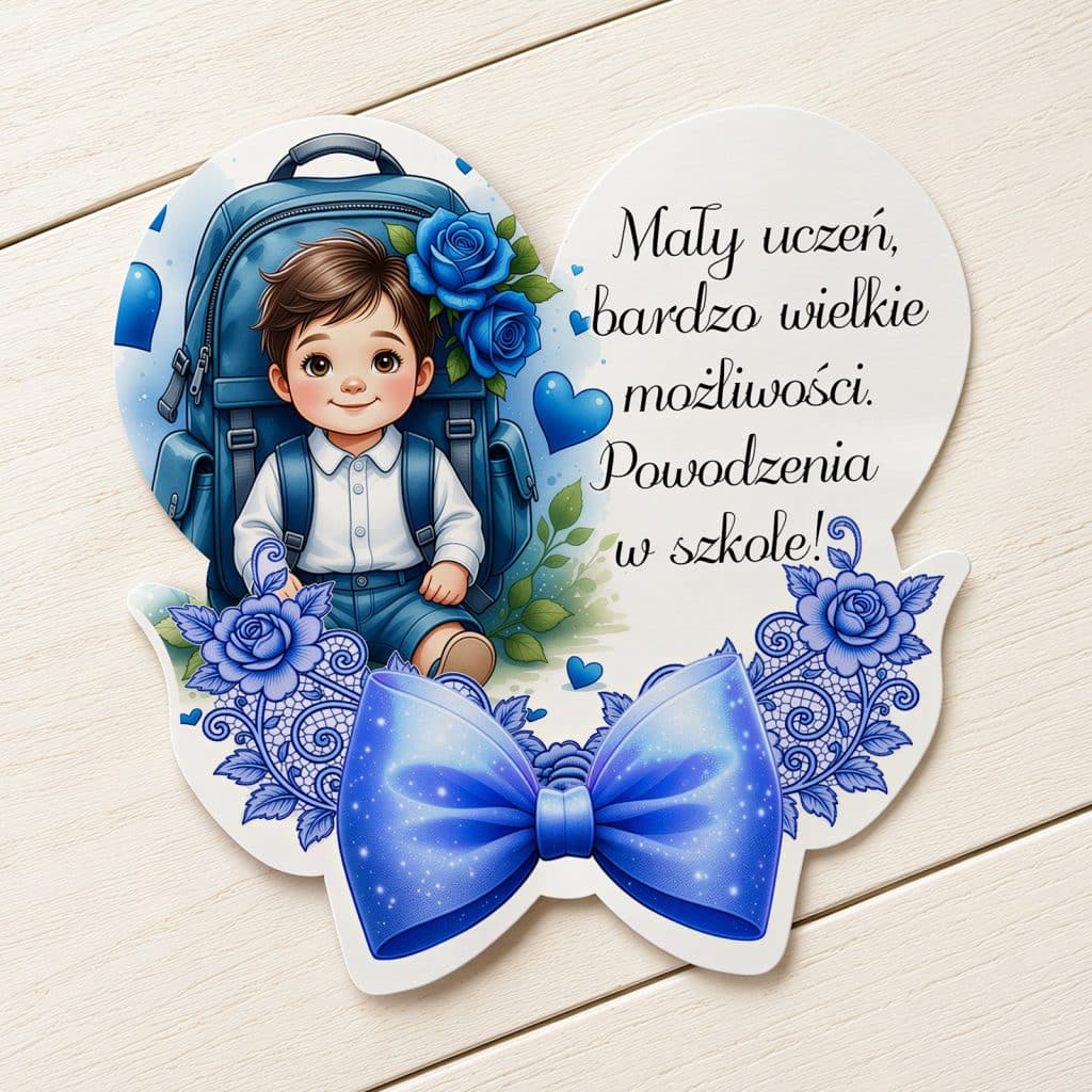Magnes na pasowanie na ucznia z chłopcem, niebieskim plecakiem, kwiatami i kokardą
