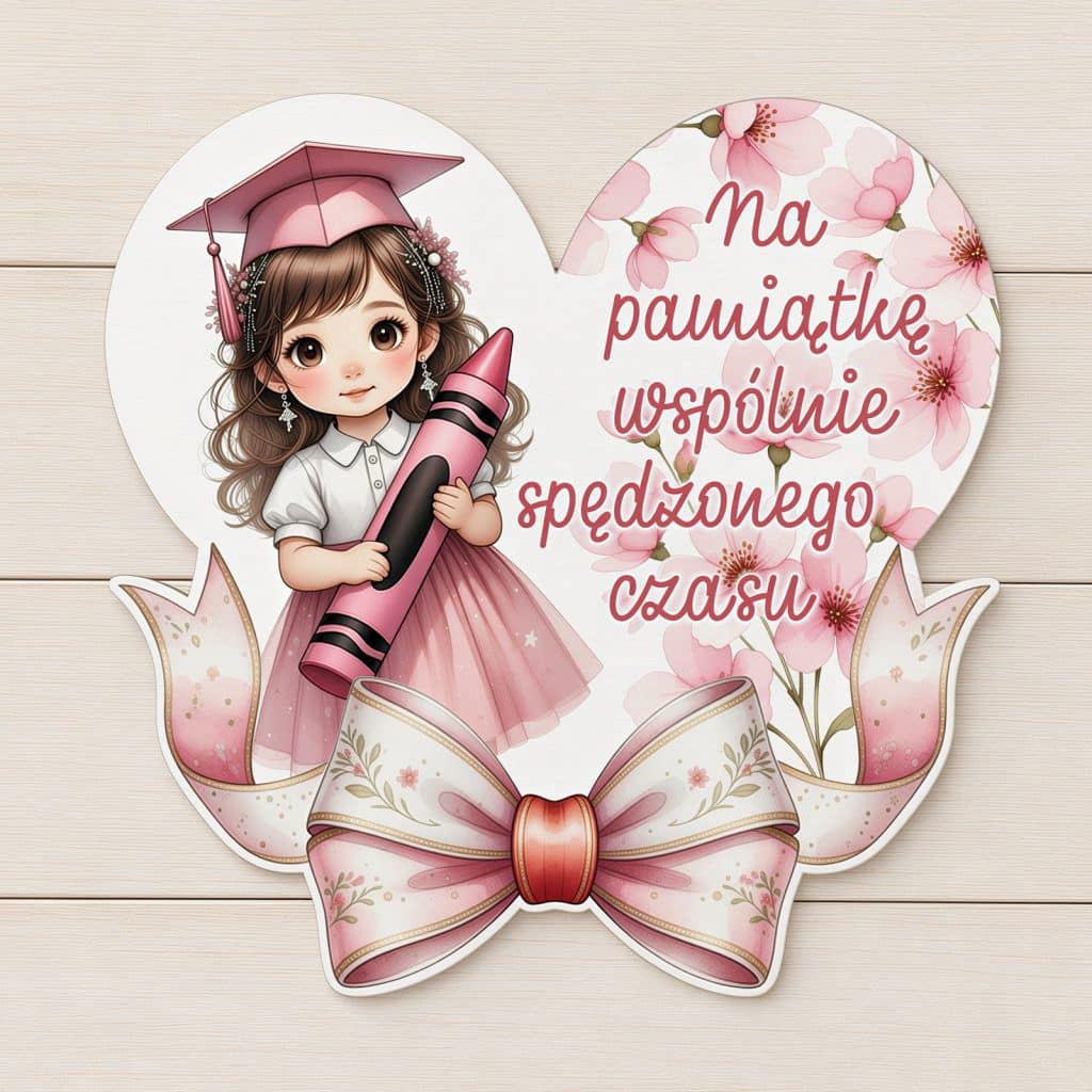Magnes na zakończenie roku szkolnego dla uczniów - dziewczynka z kredką, pamiątka wspólnie spędzonego czasu